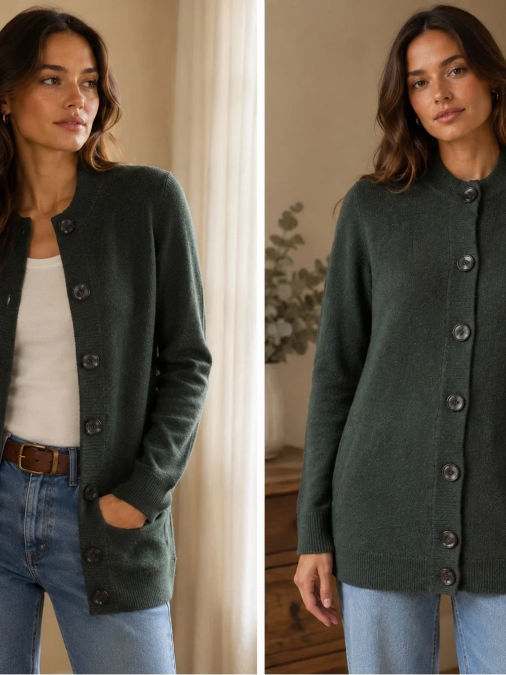 Vintage J Crew Dark Green Button-Front Lambs Wool Women's Sweater Cardigan